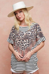 BiBi Stripe Rayon Span Knit Color Block Top With Leopard - Store 42