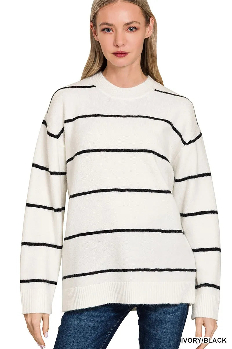 Zenana Oversized Stripe Sweater with Round Neck - Classic Casual Pullover for Effortless Style