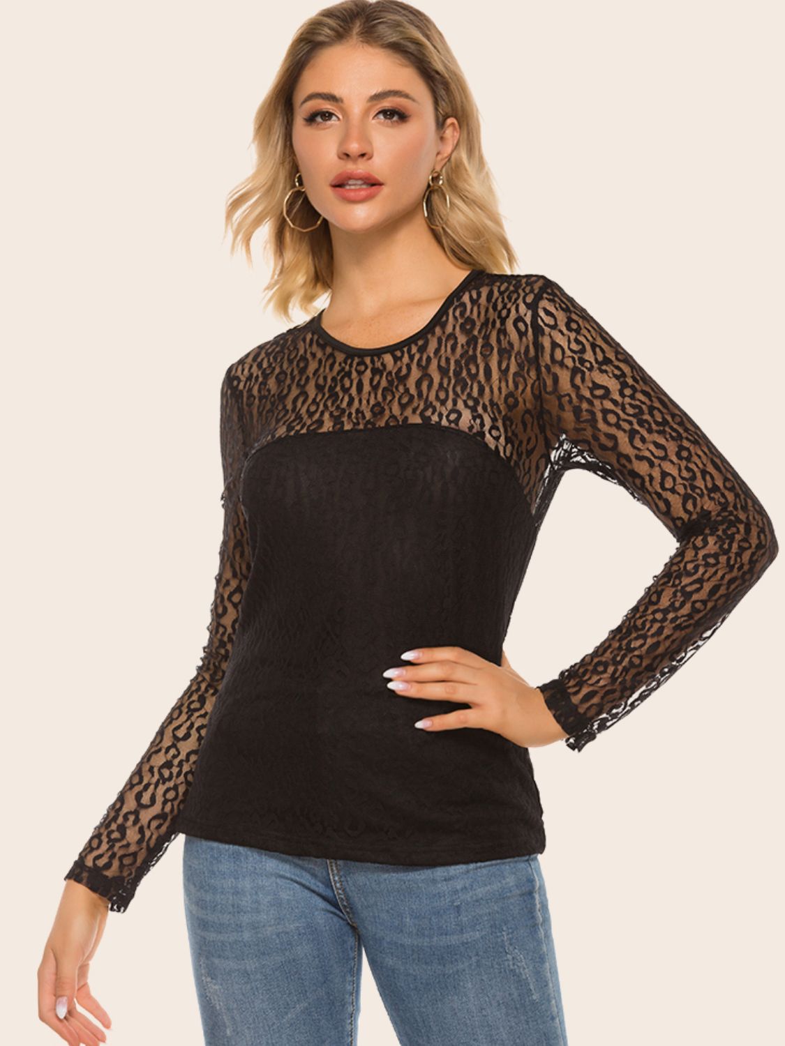 Stylish Lace Yoke Long Sleeve Top in Solid Color - Casual Round Neck - Regular Fit