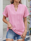 Trendy Eyelet Notched Short Sleeve Top in 65% Rayon - Stylish & Versatile Women's Wear - Store 42