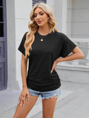 Slightly Stretchy Ruched Round Neck Short Sleeve T-Shirt for Women - Casual Basic Tops - Store 42