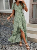 Printed Surplice Maxi Dress with Flutter Sleeves