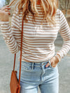 Striped Textured Knit Long Sleeve Tee Tan