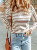 Striped Textured Knit Long Sleeve Tee Tan