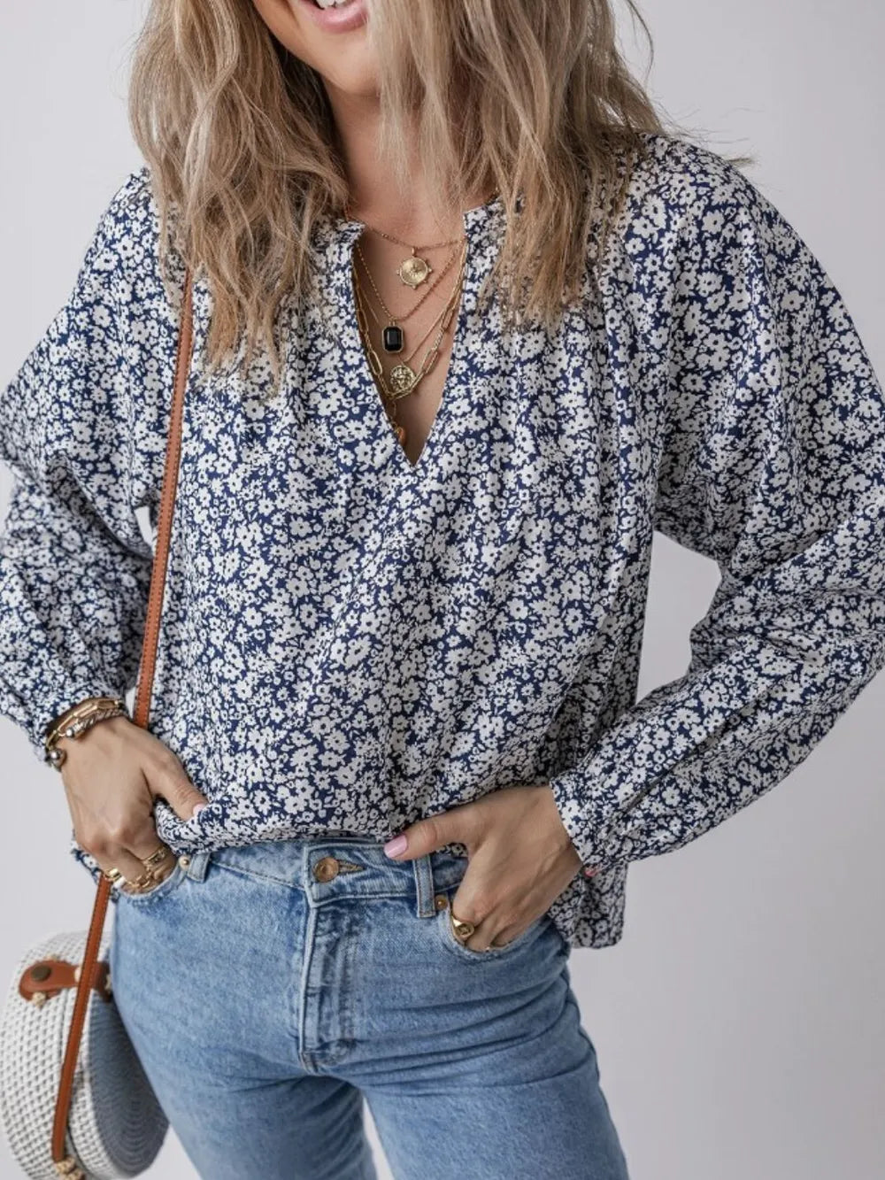 Stylish Floral Print Notched Long Sleeve Blouse in 100% Cotton - Opaque & Sheer Contrast