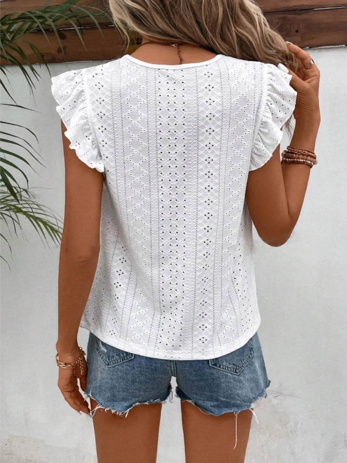 Elegant Eyelet Round Neck Cap Sleeve Top - 95% Polyester, No Stretch, Imported - Store 42