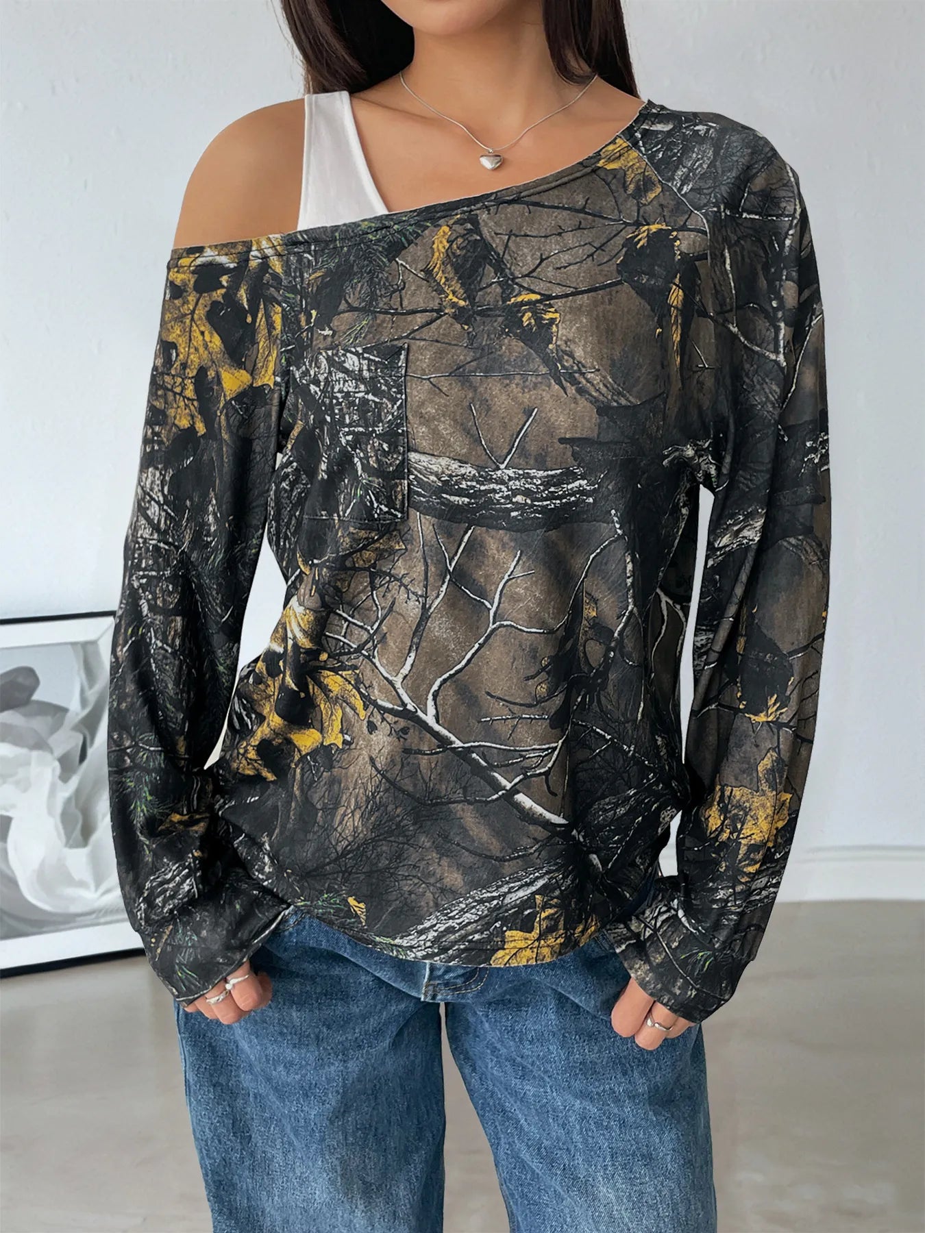 Trendy Asymmetrical Neck Printed Long Sleeve Top with Cutout Design - Slightly Stretchy Fabric