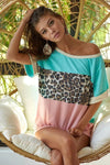 BiBi Leopard Printed Jersey Color Block Roll Up Top - Store 42