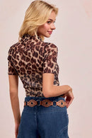 Fitted Leopard Print High Neck Mesh Top With Short Sleeves – Comfortable & Stylish - Store 42