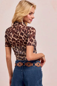 Fitted Leopard Print High Neck Mesh Top With Short Sleeves – Comfortable & Stylish - Store 42