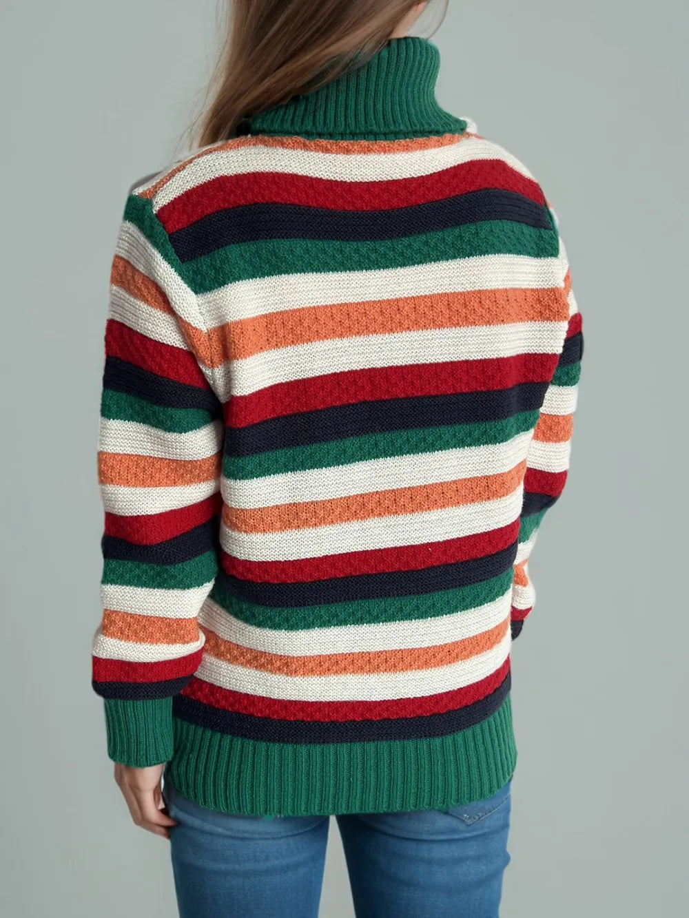 Stylish Contrast Stripes Turtleneck Sweater - Long Sleeve and Slightly Stretchy for Comfort