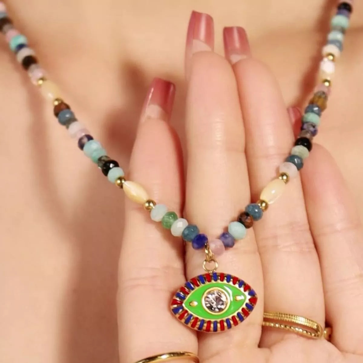 Stunning Zircon Bead Evil Eye Pendant Necklace in Natural Stone & Stainless Steel – 15.7" Length