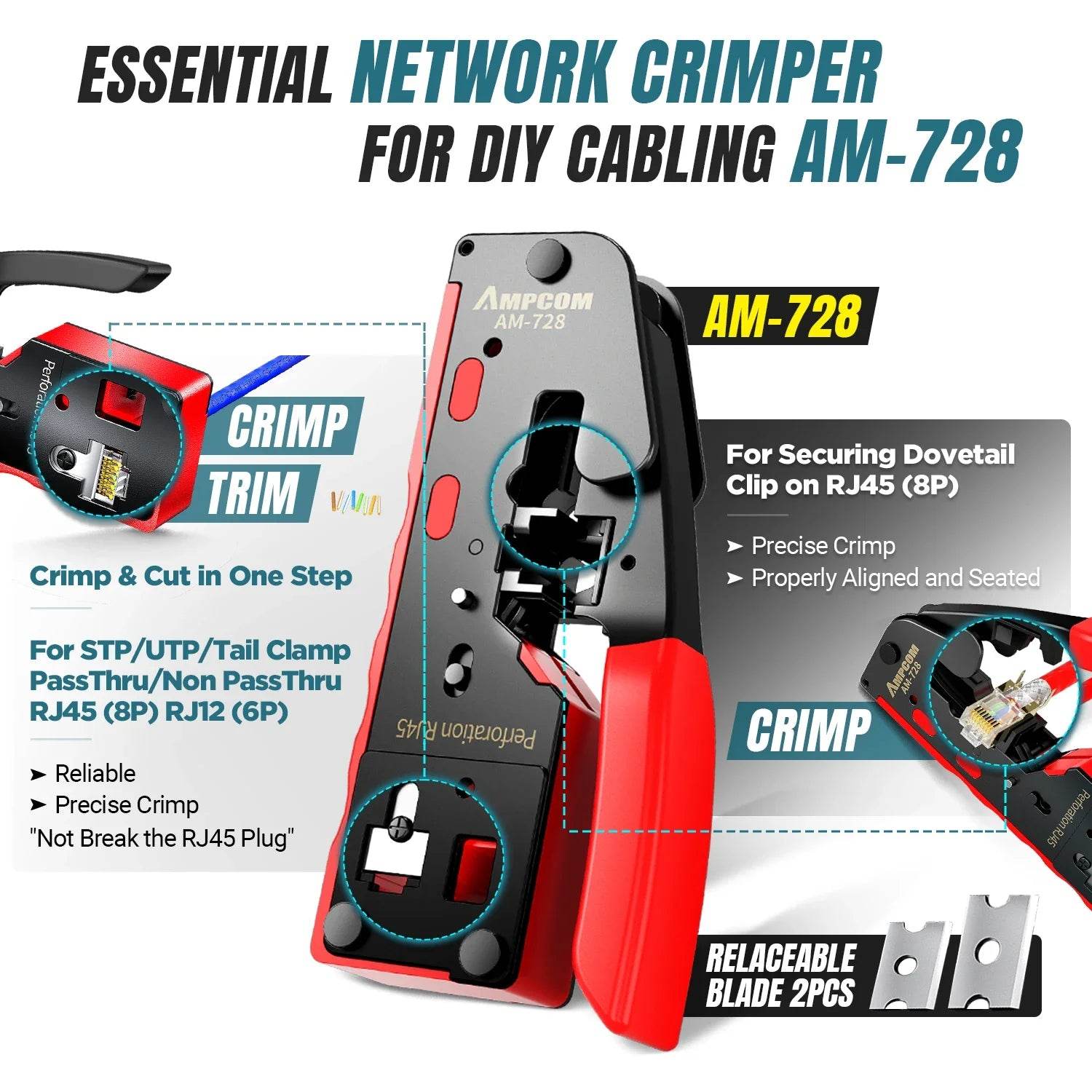 AMPCOM RJ45 Pass Through Crimping Kit for Cat5e, Cat6, Cat7 - Complete Networking Tool Set