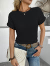 Trendy Hollow Out Waffle Knit Short Sleeve T-Shirt - Soft Stretchy Fabric, Eyelet Detail - Store 42