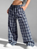 Plaid Wide Leg Drawstring Pants