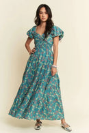 Davi & Dani Lightweight Sweetheart Neck Textured Tiered Maxi Dress Teal Green