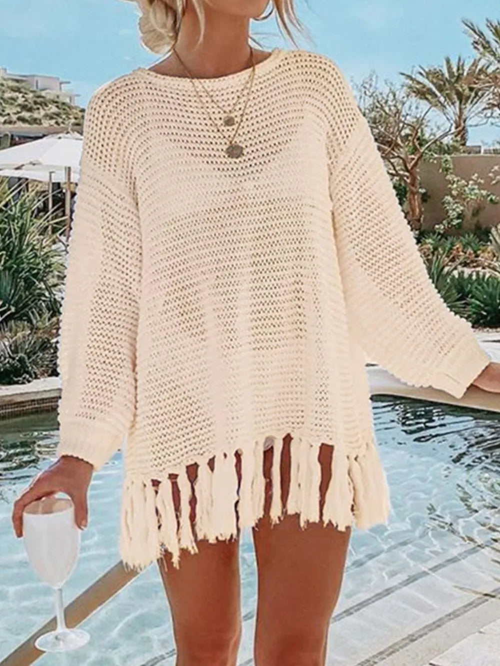Angel Wings Openwork Tassel Hem Long Sleeve Knit Cover Up Cream