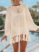 Angel Wings Openwork Tassel Hem Long Sleeve Knit Cover Up Cream