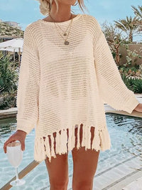 Angel Wings Openwork Tassel Hem Long Sleeve Knit Cover Up Cream
