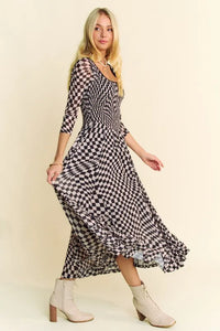Davi & Dani Printed Checker Mesh Flowy Maxi Dress