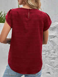 Slightly Stretchy Round Neck Ruched Petal Sleeve Top - 95% Polyester, 5% Spandex - Store 42