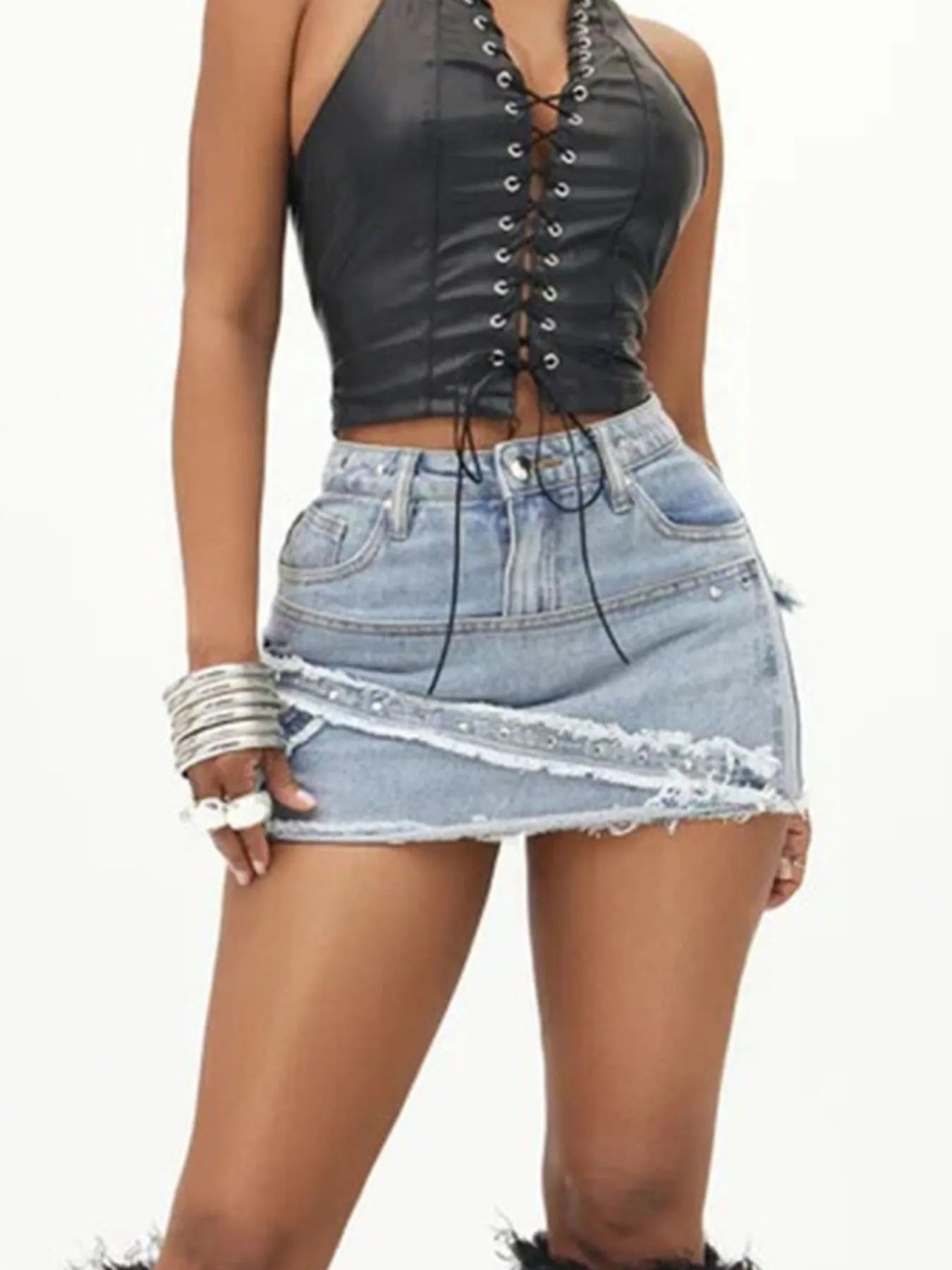 Trendy Raw Hem Denim Mini Skirt with Stretch - 85% Cotton, 15% Polyester