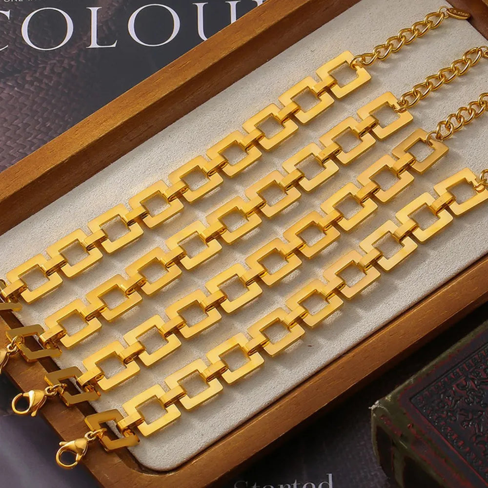 18K Gold-Plated Titanium Steel Hollow Square Chain Bracelet – Stylish & Durable Design