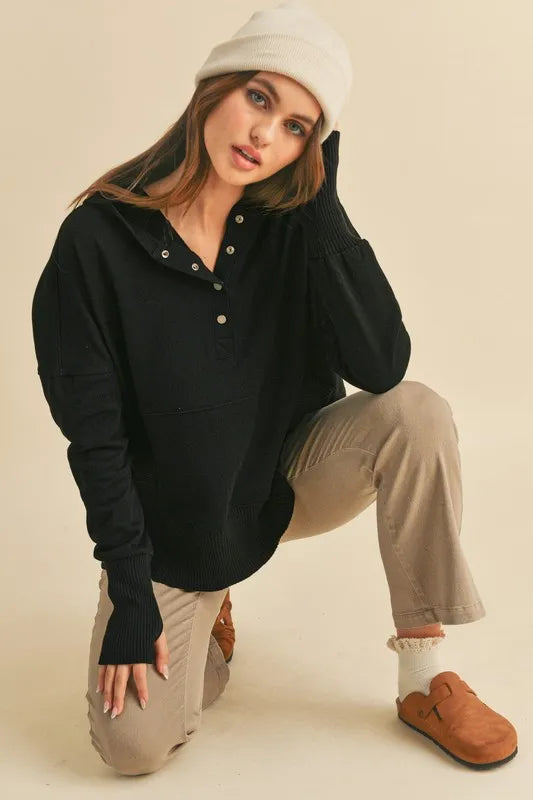Aemi + Co Half Snap Dropped Shoulder Hoodie in Soft Cotton - Relaxed Fit for Casual Style