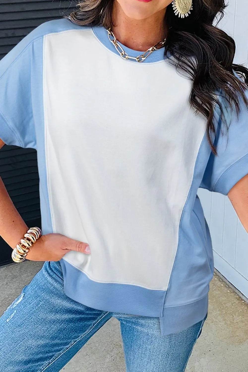 Stylish Color Block Crew Neck T-Shirt with Exposed Seams - Soft Cotton Blend, Slightly Stretchy