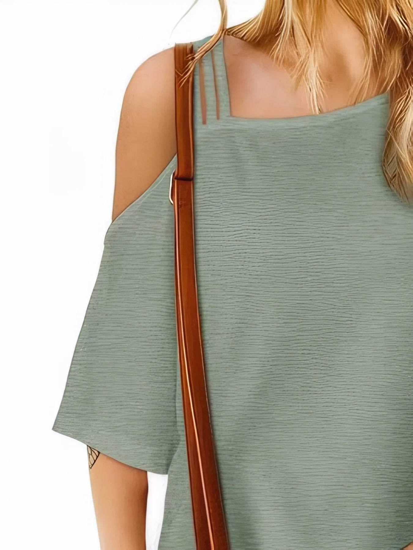 Trendsi Asymmetrical Neck Half Sleeve T-Shirt - Slightly Stretchy, 95% Polyester, 5% Spandex - Store 42
