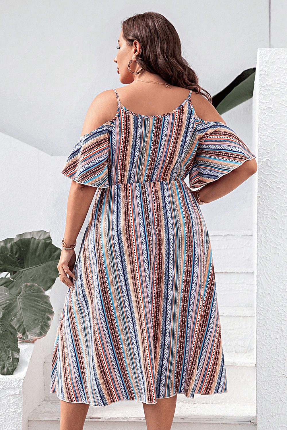 Plus Size Multicolored Striped Cold-Shoulder Midi Dress with Tied Details - Classy A-Line Design