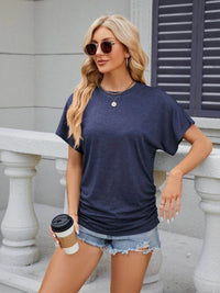 Slightly Stretchy Ruched Round Neck Short Sleeve T-Shirt for Women - Casual Basic Tops - Store 42