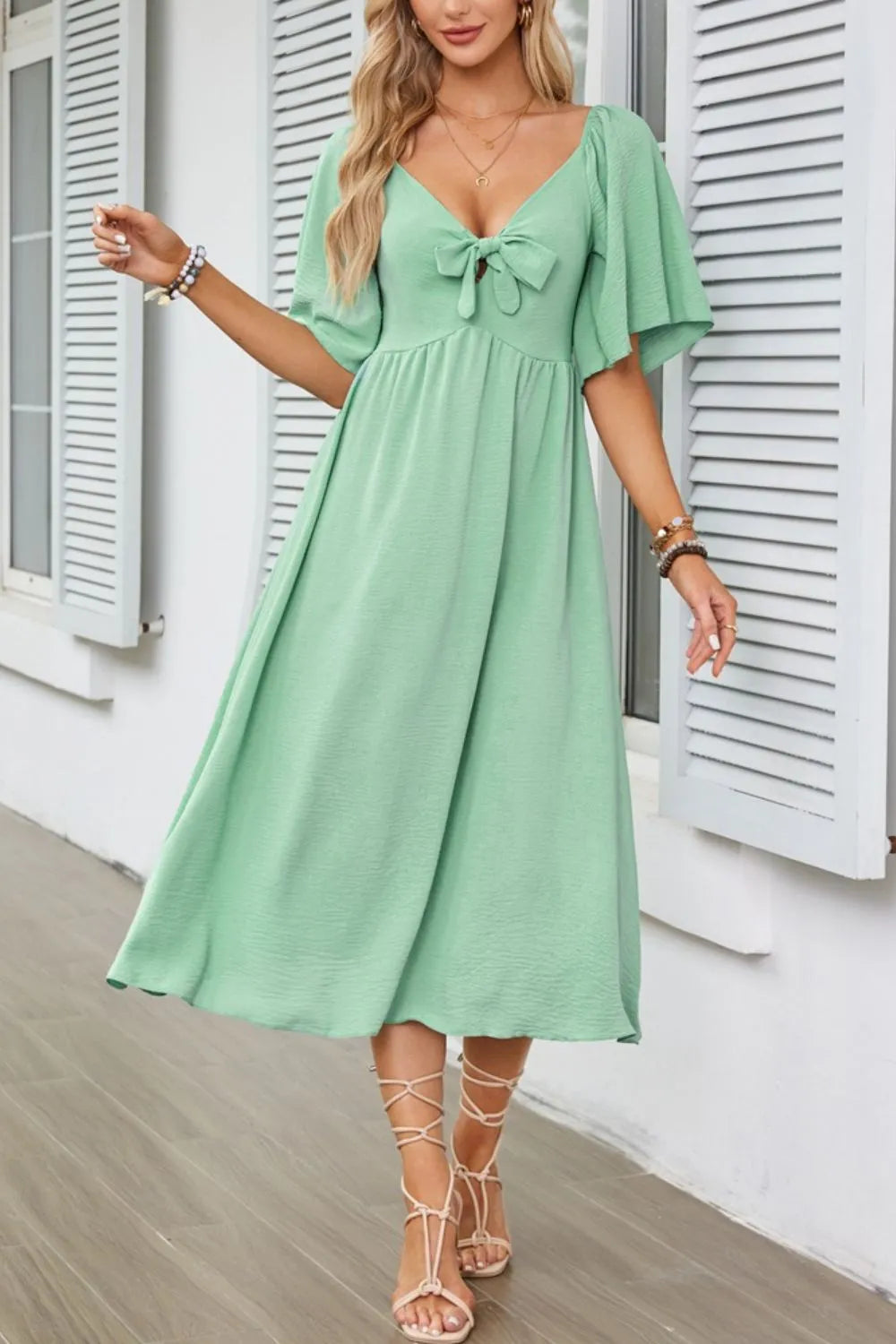 Smocked Tie Front Flutter Sleeve Midi Dress Gum Leaf