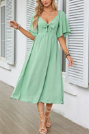 Smocked Tie Front Flutter Sleeve Midi Dress Gum Leaf