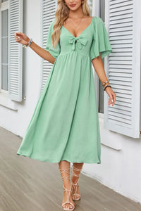 Smocked Tie Front Flutter Sleeve Midi Dress Gum Leaf