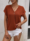 Chic Honey V-Neck Short Sleeve Blouse with Buttoned Detail - Casual Solid Polyester Top - Store 42