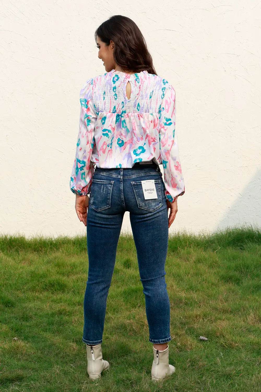 Elegant Floral Smocked Balloon Sleeve Blouse with Round Neck - 100% Polyester, Opaque