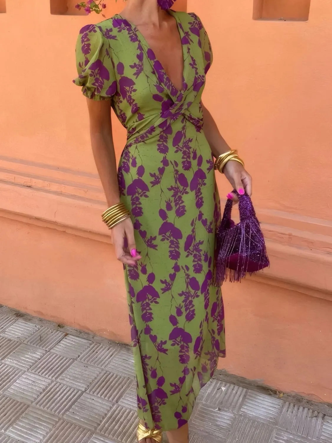 Stylish Printed Plunge Midi Dress with Short Sleeves - 100% Polyester, Unlined, Machine Washable