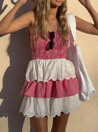 Eyelet Gingham Ruffle Layered Tube Dress Strawberry