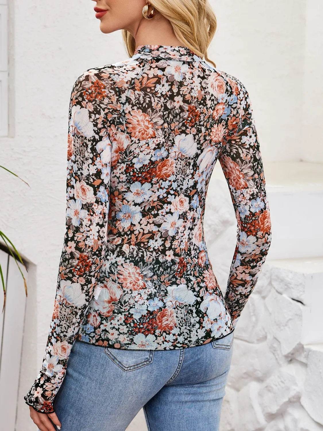 Floral Mock Neck Long Sleeve Top for Women - Slightly Stretchy, Comfortable Polyester Blend - Store 42