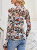 Floral Mock Neck Long Sleeve Top for Women - Slightly Stretchy, Comfortable Polyester Blend - Store 42