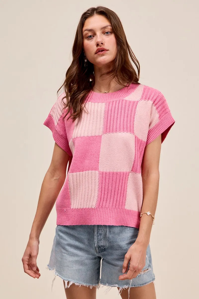 Check Plaid Oversized Casual Sweater Top with Ribbed Detail - Comfortable Everyday Style