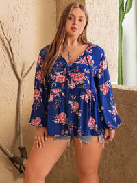 Elegant Plus Size Printed Blouse With Tie Neck & Balloon Sleeves - 100% Viscose - Store 42