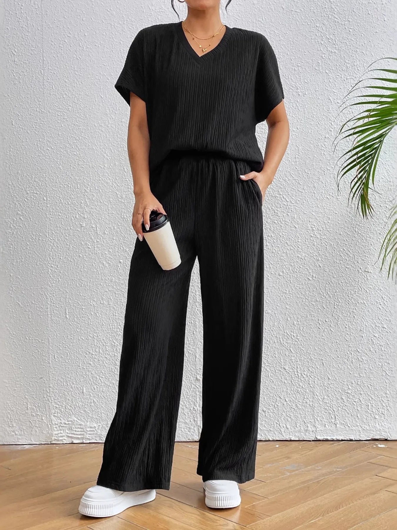 Trendy V-Neck Ribbed Two-Piece Set with Pocketed Pants and Slit Detail - 100% Polyester