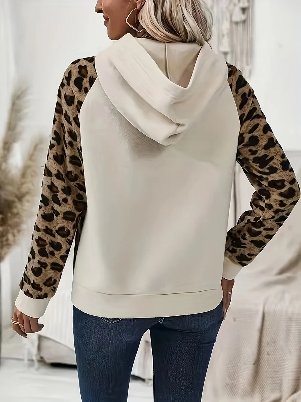 Trendy Leopard Print Half Button Long Sleeve Hoodie - Slightly Stretchy & Comfortable Casual Wear