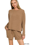 Zenana Corded Rib Long Sleeve Tee and Shorts Set DEEP CAMEL