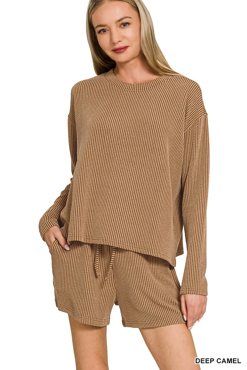 Zenana Ribbed Long Sleeve Tee and Drawstring Shorts Set - Casual Two-Piece Outfit