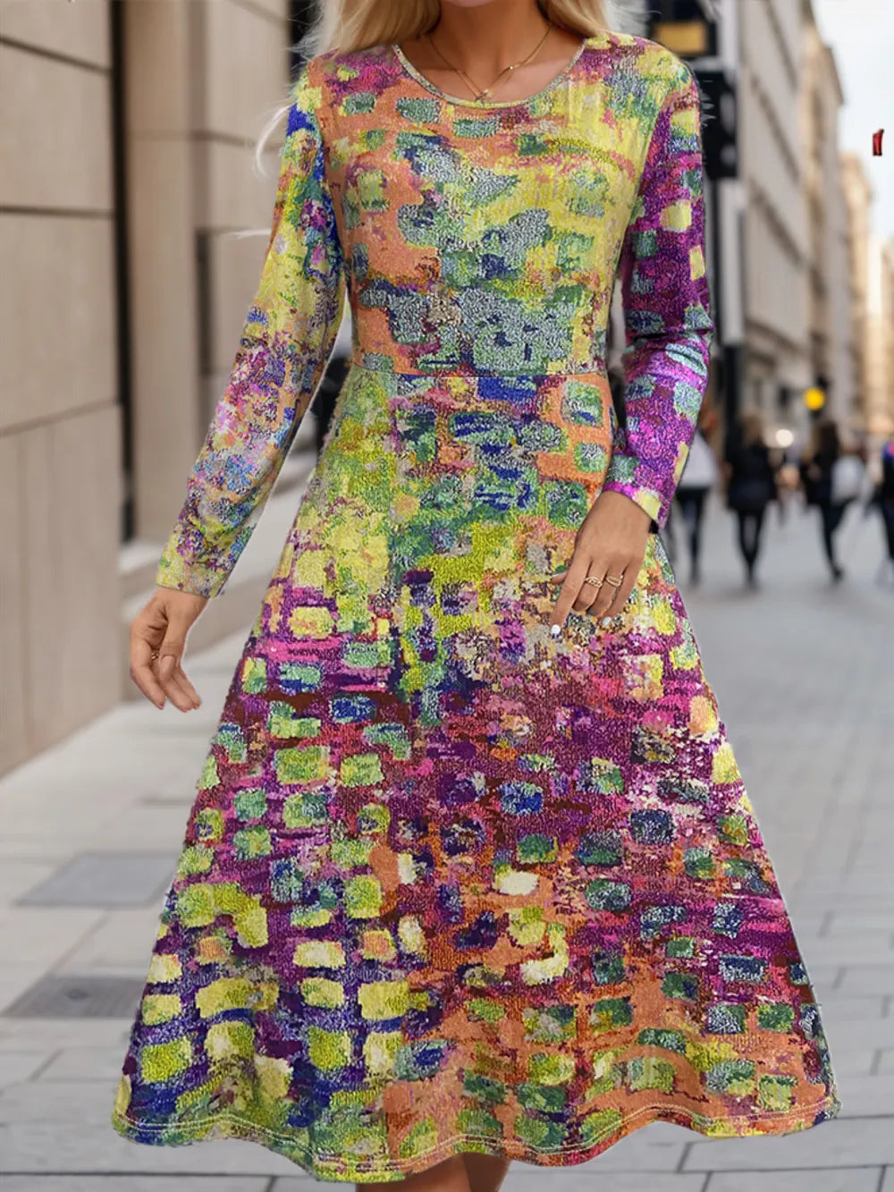 Plus Size Printed Round Neck Long Sleeve Dress - Opaque, Slightly Stretchy, Casual Style