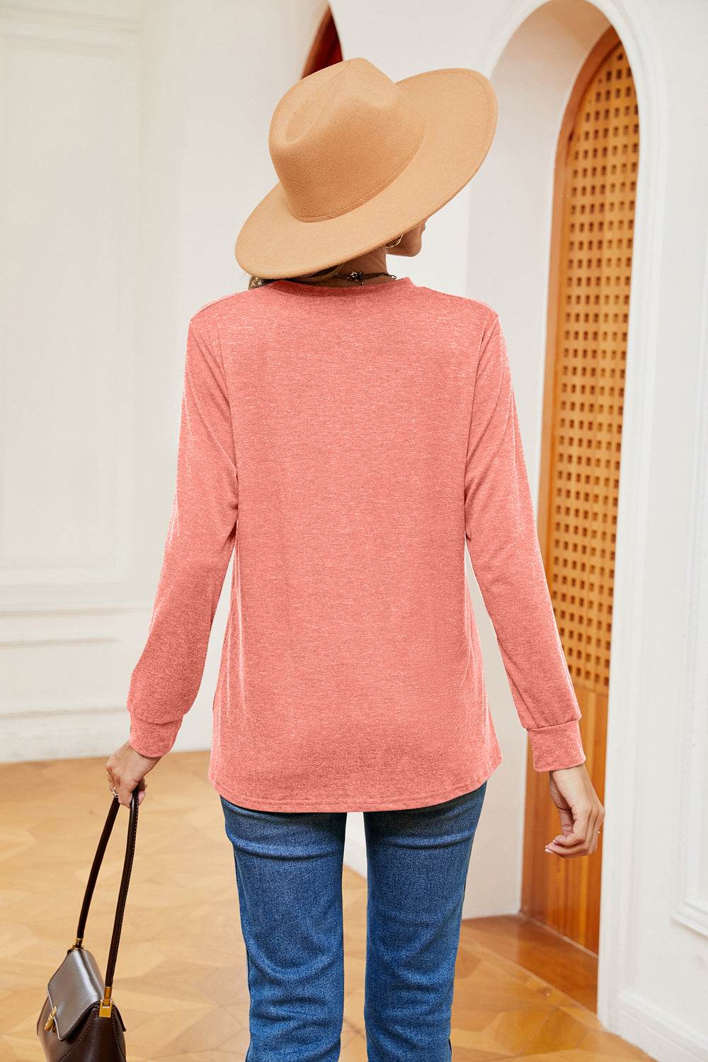 Trendsi Buttoned Notched Neck Long Sleeve Top - Slightly Stretchy Opaque Fabric - Store 42
