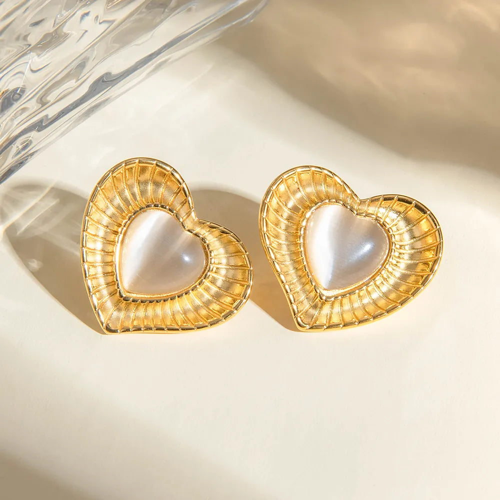 Elegant 18K Gold-Plated Cat's Eye Stone Heart Earrings in Stainless Steel | Trendsi